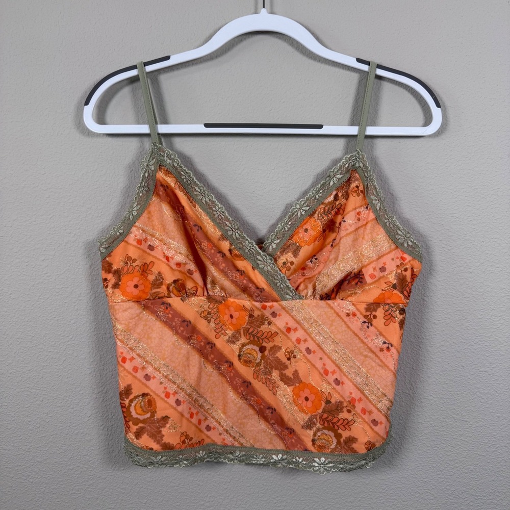 Y2K Babydoll Cider Orange Floral Lace Trim Cropped Cami Fairycore Boho Size XL